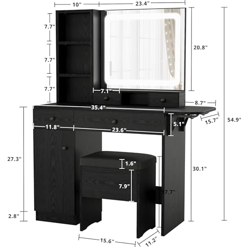LIKIMIO Vanity Desk with Drawers & LED Lighted Mirror & Power Outlet & Cabinet, Storage Stool, Stylish Bedroom Makeup Table Set, Modern Black