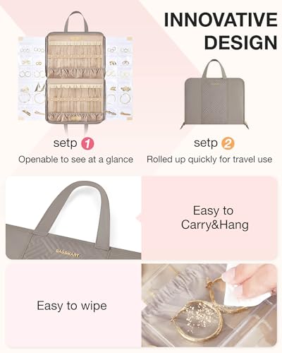 BAGSMART Travel Jewelry Organizer Case Portable Jewelry Roll Bag Tangle-free Necklace Storage Foldable Transparent Pockets for Earrings Rings Bracelet Travel Essentials Black