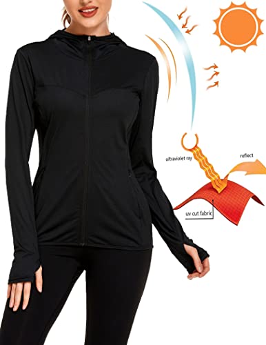 COOrun Women's UPF 50+ Sun Protection Hoodie Jacket Lightweight Full Zip Running Jacket Athletic Jacket with Thumb Holes Black S