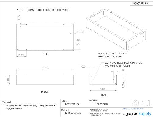 BUD Industries AC-412 Aluminum Chassis 17" L x 8" W x 3" H, Natural