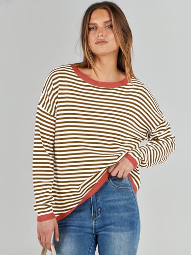 ANRABESS Womens Sweaters Striped Color Block Long Sleeve Crewneck Casual Loose Knitted Pullover Shirts 2024 Fall Trendy Tops Pink Green Large