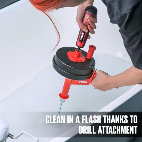 POPULO Drain Auger, 25 Ft Plumbing Snake Clog Remover with Glove and Snake Drain Drill Attachment, 3/4"-2" Pipe Snake Hair Drain Clog Remover Tools for Shower, Bathtub, Sink, Kitchen, Sewer