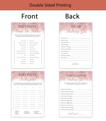 Birthday Games for Her Modern Birthday Party Games for Women, Girl Birthday Supplies, Activity, Decorations - Double Sided Cards with Answer,4 Activities