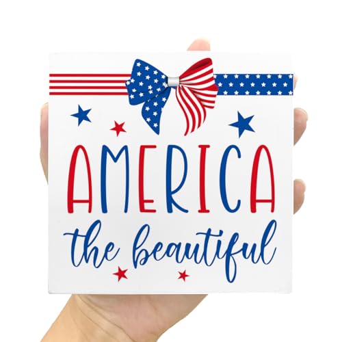 4th of July Independence Day Wood Decor,America the Beautiful Wood Block Sign for Home Bedroom Office Desk Cubicle Decor,July 4th Independence Day Memorial Day Patriotic Decorations