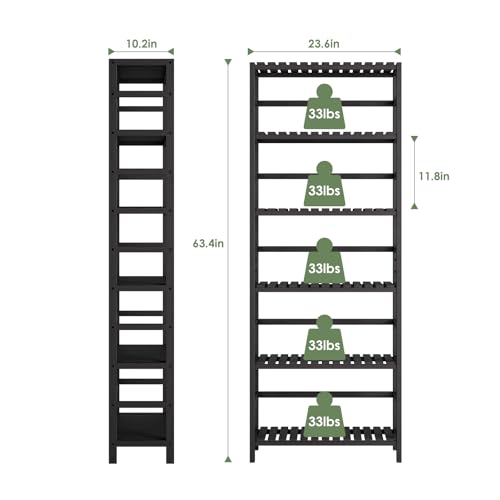 Bamjoy Bamboo Shelf, 6-Tier Bookshelf Adjustable Storage Shelves, Tall Shelving Unit Plant Stand, Storage Rack for Bathroom Home Office Living Room Kitchen, 23.6W x 10.2D x 63.4H Black