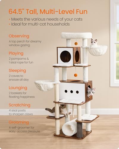 Feandrea Cat Tree, 64.5-Inch Tall Modern Cat Tower for Large Indoor Cats, Multi-Level Cat Condo with 2 Caves, 2 Hammocks, 4 Scratching Posts, Self-Groomer, Tunnel, Perch, Rustic Brown UPCT167K01