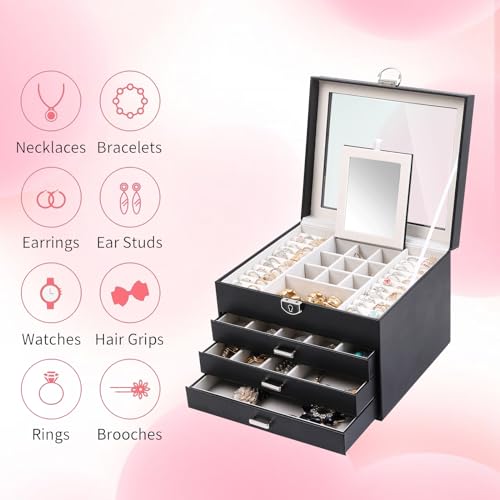 ASINGYER Jewelry Box with Glass Lids,4 Layer Clear Top Jewelry Boxes with Lock for Women, Jewelry Holder Organizer for Necklace, Bracelet, Earrings,Storage Gifts for Women (Black)