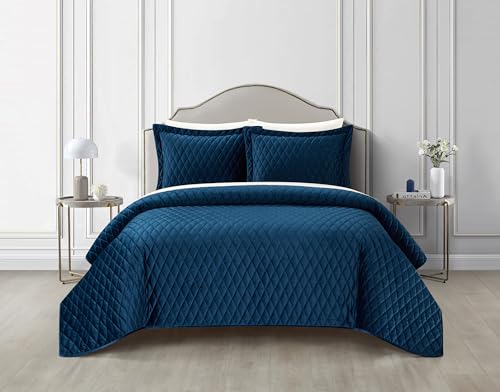 New York & Company Wafa 3 Piece Velvet Quilt Set Diamond Stitched Pattern Bedding - Pillow Shams Included, Queen, Blue