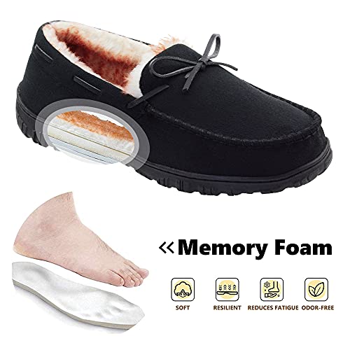 VLLy Mens Slippers Moccasins for Men Plush Lined Cozy House Bedroom Slippers Comfortable Slip on Flat Shoes with Memory Foam for Indoor Outdoor Use Black Size 8 US