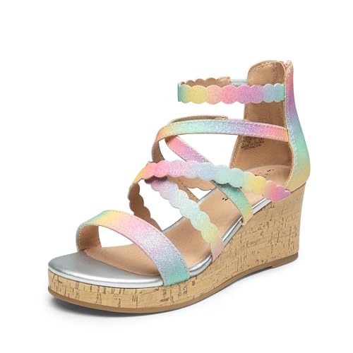 DREAM PAIRS Girls Wedge Sandals Flatform Open Toe Platform Sandals Flower Wedding Party,Size 1 Little Kid,CHAMPAGNE-GLITTER,SDSD2412K-1