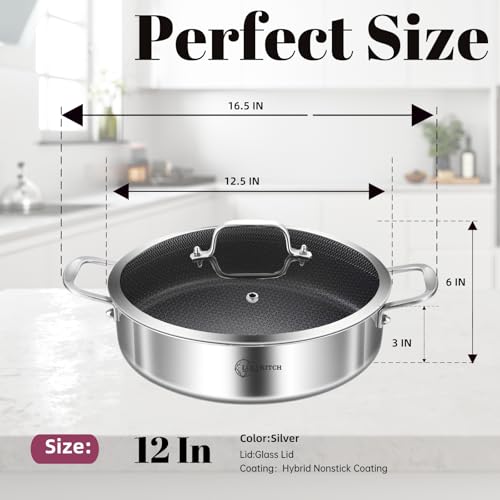 LOLYKITCH 6 Quarts Hybrid Tri-Ply Stainless Steel Sauté Pan with Lid,Induction Large Skillet, Jumbo Cooker,Dishwasher & Oven Safe