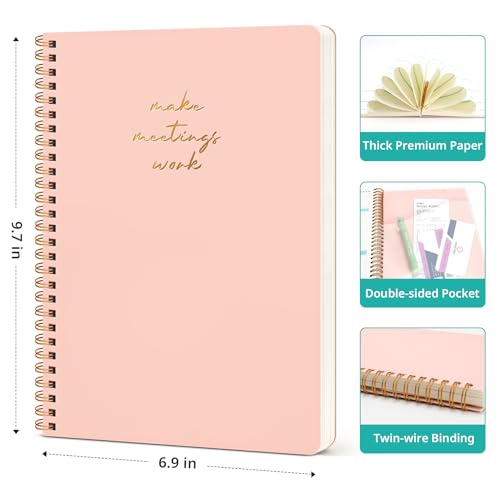 Taja Meeting Notebook for Work Organization - Work notebook with action items, Meeting Minutes Planner Notebook, Perfect Office Supplies for Men & Women - Pink