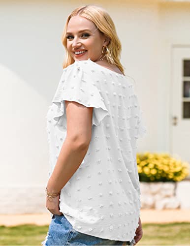 IN'VOLAND Womens Plus Size Blouse Ruffle Sleeve Flowy Tops Business Casual Swiss Dot Tunic V Neck Cute Summer Tee Blue 20W