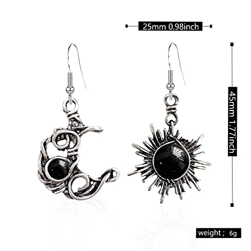 Vintage Boho Opal Sun and Moon Drop Dangle Earrings Moonstone Natural Stone Hook Bohemian for Women Asymmetrical Antiqued Silver Celestial Jewelry (Royal Blue)