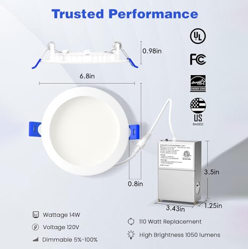 Sunlake 12 Pack Recessed Lighting 4 inch with Junction Box, 2700K/3000K/3500K/4000K/5000K Selectable, Ultra-Thin, 9W - 75W Eqv, Dimmable, 750LM High Brightness - ETL and Energy Star Certified
