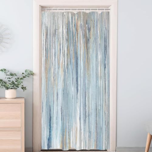 JAWO Abstract Brushstroke Blue Shower Curtain for Bathroom, Beige and Gold Yellow Shower Curtains, Modern Painting Farmhouse Aesthetic Polyester Waterproof Bathroom Curtain with 12 Hooks