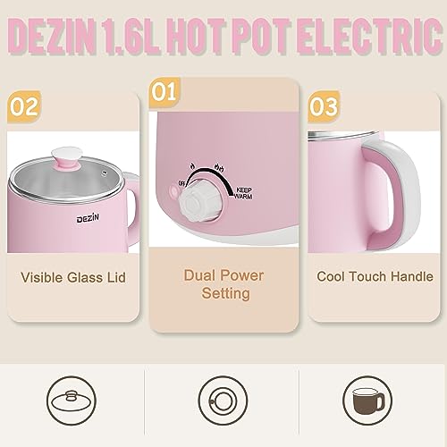 Dezin Hot Pot Electric, Rapid Noodles Cooker, Stainless Steel Electric Pot 1.6 Liter, Perfect for Ramen, Egg, Pasta, Dumpling, Soup, Porridge, Oatmeal with Temperature Control and Keep Warm Function