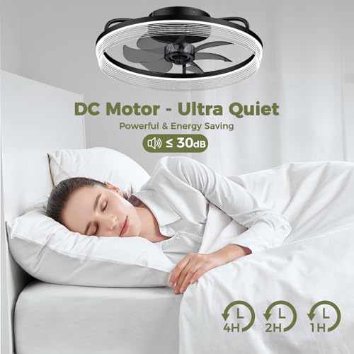 Mcestna Ceiling Fan with Light - Low Profile Ceiling Fan with Remote/App Control 20 Inch Bladeless Flush Mount Ceiling Fan with Light for Bedroom Living Room