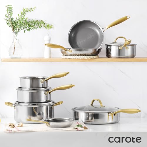 CAROTE Tri-Ply Stainless Steel Cookware Set, 9 Pcs Stainless Steel Pots and Pans Set with Tempered Glass Lids, Stay-Cool Golden Handles, Dishwasher and Oven Safe, California Collection, Cream White