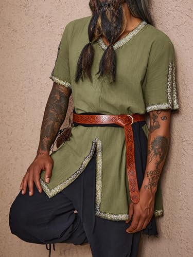 Runcati Mens Medieval Pirate Tunic Renaissance Viking Knight Costume Linen Short Sleeve LARP Halloween Tops