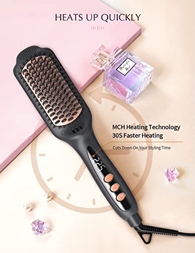 LANDOT Hair Straightening Brush Straightener: Negative Ion Ceramic Heated Hot Brush for Smooth Frizz-Free Hair - Dual Voltage 100-240V & 12 Temp Settings 250°F to 450°F