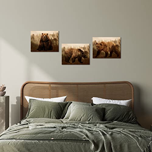 OuElegent Brown Bear Canvas Wall Art Forest Animal Art Print Painting Picture 3 Pieces Stretched and Framed for Living Room Bedroom Bathroom (small)