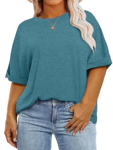 Plus Size Tops for Women XL-5XL Rolled Sleeve Crewneck Side Split Oversized T Shirts Stylish Tees Summer Casual Blouses Wine Red