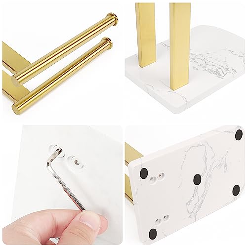 NearMoon Hand Towel Holder with Balanced Marble Base, SUS304 Stainless Steel Stand Towel Ring L Shape Hand Towel Rack Free-Standing Towel Bar for Bathroom Kitchen Countertop (Double Rod, Brushed Gold)