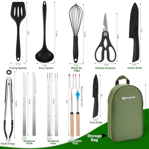 Wesqunie Camping Essentials Cookware Cooking Utensils Set - Camping Kitchen Utensils, Portable Outdoor Accessories, Stainless Steel & Silicone, Camping Gear Equipment for RV Picnic Grill