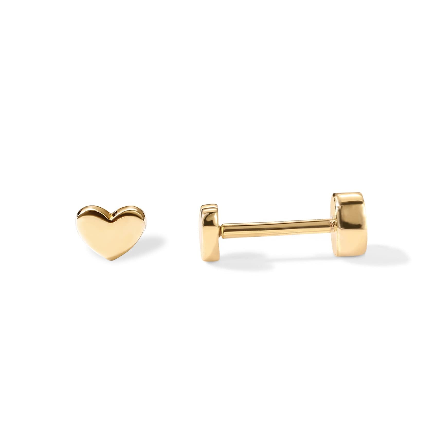 PAVOI 14K Gold Plated 925 Sterling Silver Post Pair of Flat Back Stud Earrings for Women | Heart Cartilage Helix Piercing