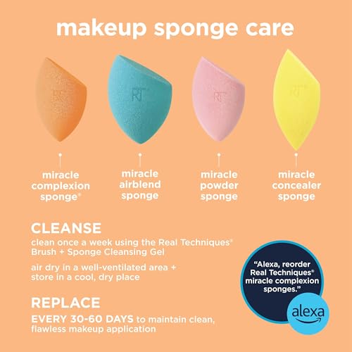 Real Techniques Miracle Complexion Sponge, Makeup Blender for Liquid and Cream Foundation, Full Coverage, Streak-Free Professional Makeup Tool, Cruelty Free, Vegan, Latex Free, 4 Count