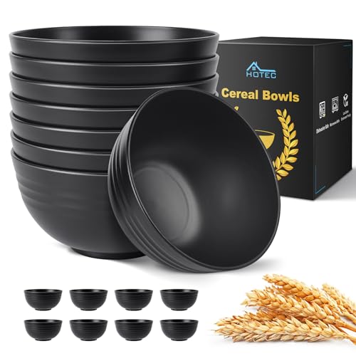 HOTEC Unbreakable Wheat Straw Cereal Bowls - Microwave & Dishwasher Safe Soup and Salad Bowls, Set of 8, 26oz, BPA Free, Black