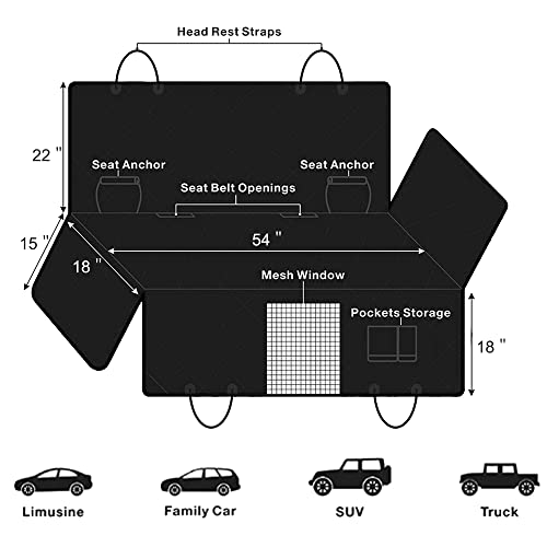 Femuar Dog Car Seat Cover with Storage Pockets Mesh Visual Window, Waterproof Nonslip , Heavy Duty Scratchproof Pet Dog Back Seat Cover Hammock for Cars Trucks and SUVs