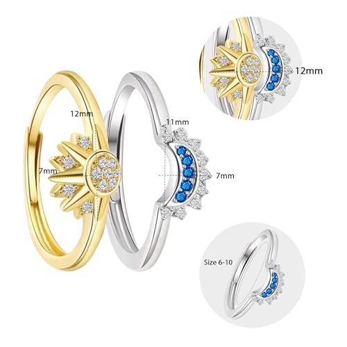 Sun and Moon Ring Set Stackable Rings for Women, Adjustable Celestial Jewelry Anillos Para Mujer Matching Rings as Friendship Best Friend Gifts for Teens, Gold and Silver Birthday Gifts for Girls