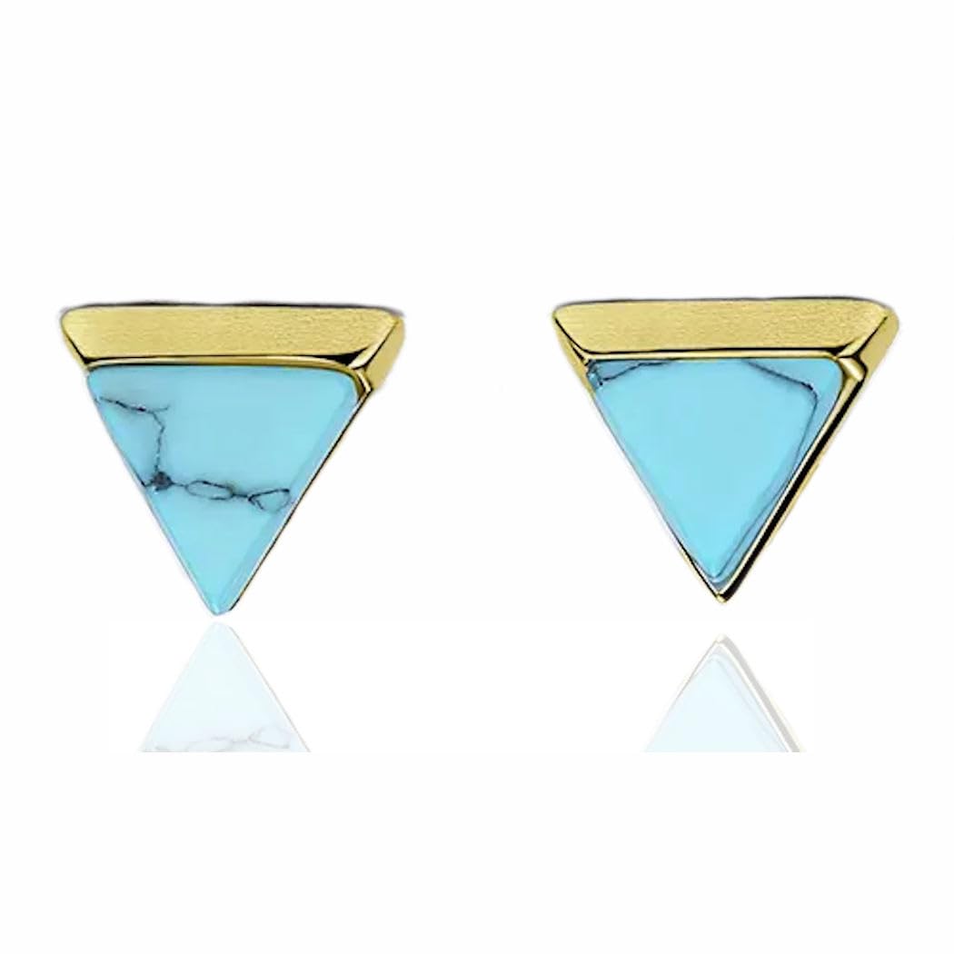 Dainty Minimalist Turquoise Stud Earrings 925 Sterling Silver Gold Plated & Natural Stone Women's Earrings Tiny Studs Triangle Shape - Hypoallergenic Safe for Sensitive Ears - USA HANDMADE (Gold)