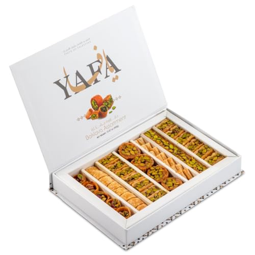 YAFA Baklava -Middle Eastern Sweets- Pistachio Baklava - Bakery Dessert-Turkish Delights Assorted - Eid Gift Basket - Turkish Baklava-Taste of Palestine-Baklava Gift Box 450g (46-48pcs)