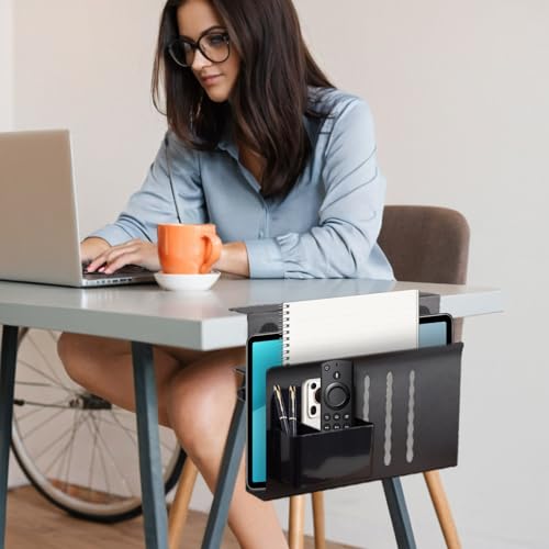 LUKETURE Desk Side Storage, Under Desk Storage, Steel Desk Hanging Organizer, Laptop Holder, with Pen Holder, No Drill Side Desk Organizer, Desk Storage Holder for Office and Home