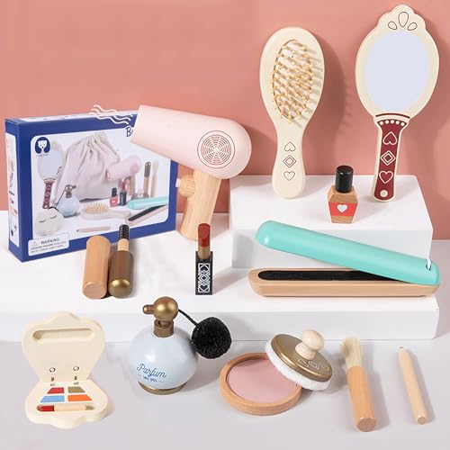 Fake Makeup Wooden Makeup Toy Set Wooden Toddler Makeup Kit Pretend Makeup Kit for Girls Kids Makeup for 3-9 Age 12 PCS Girl Birthday Gift (Makeup Set-1)