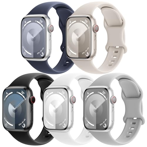EOMTAM 5 Pack Silicone Sport Straps Compatible for Apple Watch Band 38mm 40mm 41mm 42mm 44mm 45mm 49mm for Women Men,Soft Waterproof Wristbands for iWatch Series 9 Ultra 8 SE 7 6 5 4 3(White,38)