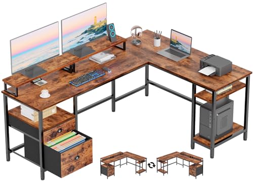 Furologee 66" L Shaped Computer Desk with Shelves, Reversible Corner Gaming Desk with File Drawer and Dual Monitor Stand, Large Home Office Desk Writing Study Table Workstation, Rustic Brown