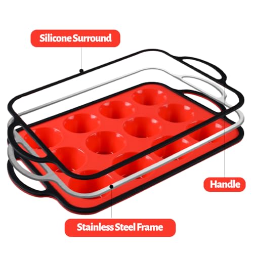 Silicone Muffin Pan with Metal Reinforced Frame - 12-Cup Mini Muffin Pan for Homemade Muffins, Cupcakes, Oven and Dishwasher Safe - Black Rim With Red Bottom, Mother's Day Gifts