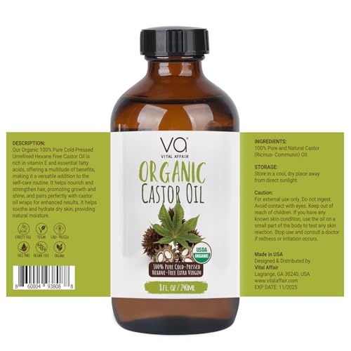 Pure Castor Oil Organic Cold Pressed Unrefined Glass Bottle-USDA Certified Organic Castor Oil Cold Pressed Glass Bottle For Castor Oil Pack Wrap-Castor Oil For Face,Hair Growth,Eyelashes,Eyebrows-8oz
