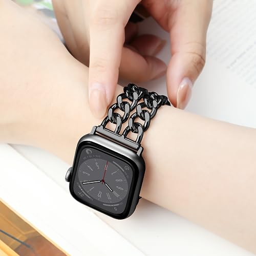 Aniaboho Compatible with Dressy Designer Apple Watch Bands for Women Men 44mm 45mm 49mm 42mm, Chain Leather iWatch Bands for Apple Watch Ultra 2 1 SE Series 9 8 7 6 5 4 3 Band(Rose Gold/Black Leather)