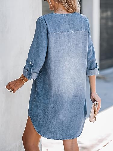 CUPSHE Denim Dress for Women Cotton A-Line Long Sleeve Loose Fitted Distressed Jean Dress Blue X-Small