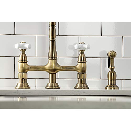 Kingston Brass KS1273PXBS Kitchen Bridge Faucet with Side Sprayer, Antique Brass