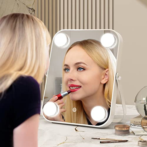 ROLOVE Vanity Mirror with Lights, Hollywood Makeup Mirror with Light, Lighted Tabletop Makeup Mirror with 4 Dimmable LED Bulbs, Portable Travel Makeup Mirror with U-Shaped Bracket, Smart Touch Control