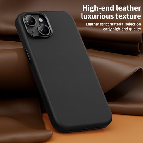 Rumwot for iPhone 15 Leather Case | Genuine Full Grain Leather| Compatible with MagSafe and Wireless Charging | Metal Buttons Camera Bezel | Slim Fit-Drop and Scratch Resistant(Black)