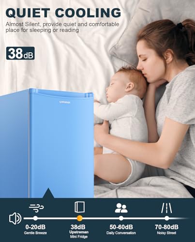 Upstreman 3.2 Cu.Ft Mini Fridge with Freezer, Single Door Mini Fridge, Dorm Fridge, Adjustable Thermostat, Mini Refrigerator for Bedroom, Office, Dorm, Blue-BR321