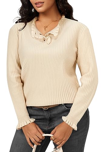 Arach&Cloz Womens Sweaters 2023 Trendy Ruffle Crew Neck long Sleeve Button Down Casual Knit Pullover Sweater Tops(Grey Purple,M)