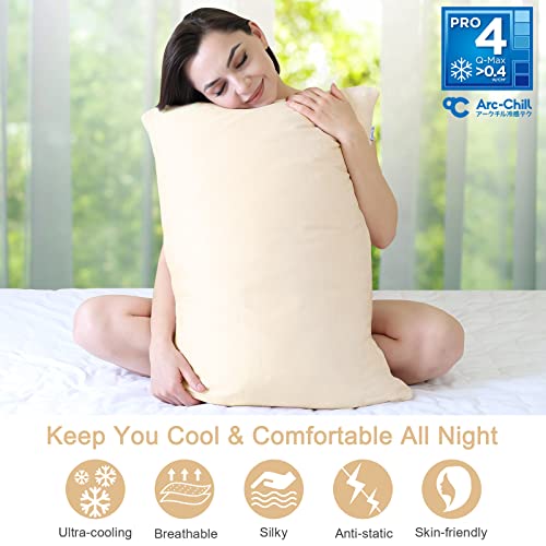 Elegear Cooling Pillow Cases for Hot Sleepers, Japanese Q-Max 0.45 Cooling Pillowcases, Both Sides[Cooling/Cotton], Breathable Soft Pillowcase for Hair and Skin, Set of 2-Beige (Standard (20" x 26"))